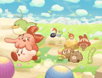 blush_stickers bobo_(kirby) bouncy_(kirby) bow chuchu_(kirby) flower gooey_(kirby) grass hair_bow kirby kirby&#039;s_dream_land_3 kirby_(series) licking looking_back mountainous_horizon muchimuchi_(kirby) nintendo nruff open_mouth outdoors pitch_(kirby) pokka730 popon_(kirby) riding rock rocky_(kirby) running smile sweatdrop tongue tongue_out
