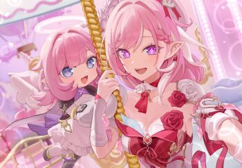 2girls absurdres bare_shoulders blue_eyes braid braided_bangs breasts carousel cleavage commentary_request diamond-shaped_pupils diamond_(shape) dual_persona earrings elf_elysia elysia_(hi_love_elf)_(honkai_impact) elysia_(honkai_impact) guest_art hair_intakes halo hat heart heart_earrings highres honkai_(series) honkai_impact_3rd jewelry looking_at_viewer medium_breasts multicolored_hair multiple_girls open_mouth pink_pupils pointy_ears purple_eyes roena smile streaked_hair symbol-shaped_pupils white_hat
