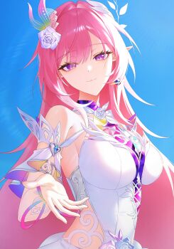 1girl absurdres b_cow444 bare_shoulders blue_sky breasts clothing_cutout commentary_request cyrene_(honkai:_star_rail) cyrene_(ripples_of_past_reverie)_(honkai:_star_rail) diamond-shaped_pupils diamond_(shape) earrings flower hair_flower hair_ornament highres honkai:_star_rail honkai_(series) jewelry large_breasts long_hair looking_at_viewer pink_hair pointy_ears purple_eyes reaching reaching_towards_viewer side_cutout sky smile solo symbol-shaped_pupils very_long_hair