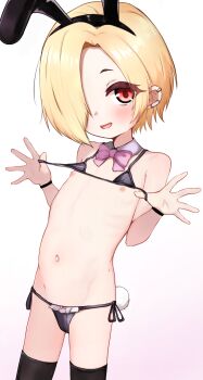 1girl animal_ears bikini black_bikini black_thighhighs blonde_hair detached_collar ear_piercing flat_chest hair_over_one_eye highres huucha_(cpaf5377) idolmaster idolmaster_cinderella_girls loli looking_at_viewer micro_bikini navel nipples piercing rabbit_ears red_eyes shirasaka_koume short_hair solo swimsuit tail thighhighs