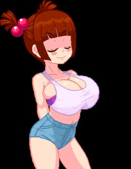 1girl air-strip_angel animated arms_behind_back bare_shoulders blair_(air-strip_angel) blunt_bangs bra breasts bursting_breasts cleavage closed_eyes collarbone covered_erect_nipples denim denim_shorts female_focus freckles hair_bobbles hair_ornament huge_breasts looping_animation oppai_loli pixel_art purple_bra red_hair shiny_skin short_hair short_shorts short_twintails shorts smile solo sprite standing tank_top tim-buktu transparent_background twintails undersized_breast_cup undersized_clothes underwear