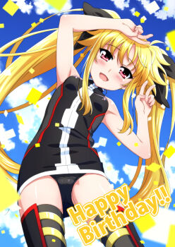 1girl :d arms_up black_jacket black_panties black_ribbon black_thighhighs blonde_hair blue_sky breasts commentary_request confetti double_v fate_testarossa hair_ribbon happy_birthday highres jacket long_hair looking_at_viewer lyrical_nanoha mahou_shoujo_lyrical_nanoha miyajima_hitoshi no_pants open_mouth panties red_eyes ribbon sky sleeveless sleeveless_jacket small_breasts smile solo thighhighs twintails underwear v very_long_hair