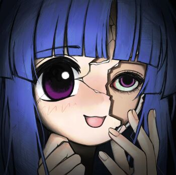 Rule 34 | 1girl, :d, blue hair, blunt bangs, blush, cracked kawaii mask, furude rika, hands up, highres, higurashi no naku koro ni, long hair, m!nkey, open mouth, portrait, purple eyes, smile, solo
