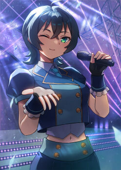 1girl blue_hair fingerless_gloves flirting gloves green_eyes hashi holding holding_microphone idol idol_clothes looking_at_viewer microphone navel necktie one_eye_closed original short_hair smile solo stage standing tomboy