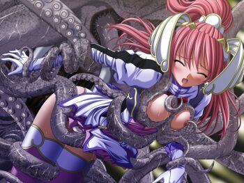 1girl artist_request bent_over between_breasts blush breasts breasts_squeezed_together closed_eyes clothes_lift game_cg grabbing_another&#039;s_breast groping imminent_rape legs legs_together monster nipples octopus_tentacles open_mouth panties pink_hair purple_tentacles rape restrained skirt skirt_lift source_request sweat tentacles tentacles_under_clothes thighhighs underwear white_panties