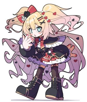 1girl :o absurdres akai_haato aqua_eyes black_boots black_dress blonde_hair blush_stickers boots bow bowtie dress hair_bow hair_ornament hand_to_own_mouth heart heart_hair_ornament highres hololive long_hair over-kneehighs pink_nails red_bow red_bowtie shinomu_(cinomoon) short_twintails thighhighs twintails white_background x_hair_ornament
