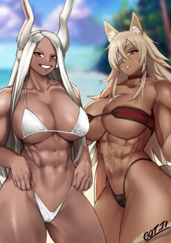 2girls abs absurdres adjusting_clothes adjusting_panties adjusting_swimsuit animal_ear_fluff animal_ears arm_at_side arm_behind_back arm_up ass bare_arms bare_hips bare_legs bare_shoulders stomach barefoot beach belly big_hair bikini bikini_pull black_bikini black_panties blonde_hair blurry blurry_background boku_no_hero_academia breasts brown_hair cameltoe cat_ears cat_girl cat_tail choker cleavage clothes_pull cloud collarbone crossover curvy dark-skinned_female dark_skin day eyepatch facial_scar female_focus ghislaine_dedoldia got_ji_(gojich1) grey_hair grin hair_between_eyes highleg highleg_bikini highres hip_bones hip_focus holding holding_cloth holding_unworn_clothes huge_ass huge_breasts large_breasts long_hair looking_ahead looking_at_viewer looking_down messy_hair micro_bikini midriff mirko multiple_girls muscular muscular_arms muscular_female muscular_legs mushoku_tensei navel ocean outdoors palm_tree panties panty_pull parted_bangs pink_eyes platinum_hair pulling pulling_at_clothes purple_eyes rabbit_ears rabbit_girl rabbit_tail raised_eyebrow red_bikini red_choker red_eyes sand scar scar_on_cheek scar_on_face scar_on_stomach scared sky smile spiked_hair straight_hair strapless strapless_bikini string_bikini string_panties strong strong_woman swimsuit swimsuit_tug tail tan teeth thick_thighs thighs thong thong_bikini tomboy toned toned_female toned_stomach trait_connection tree underboob underwear white_bikini white_eyepatch white_hair white_panties wide_hips