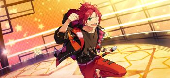 1boy arm_up bangs_pinned_back belt bigbang_(ensemble_stars!) black_shirt bracelet clenched_hand constellation curtained_hair ensemble_stars! fingernails game_cg green_eyes hair_ornament hairclip happy_elements headset holding holding_microphone isara_mao jacket jewelry looking_at_viewer male_focus microphone multicolored_belt official_art one_eye_closed open_clothes open_jacket open_mouth pants red_hair red_pants shirt short_hair smile solo star_(symbol) sweat teeth third-party_source three-quarter_sleeves upper_teeth_only