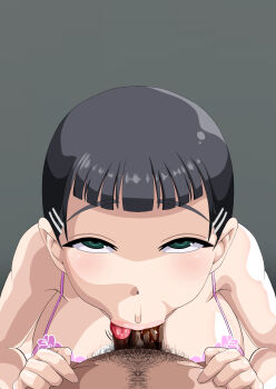 1boy 1girl :>= bikini black_hair blush breasts fellatio green_eyes hair_ornament hairclip hetero kirigaya_suguha large_breasts looking_at_viewer male_pubic_hair oral penis pov pubic_hair saliva short_hair solo_focus stray_pubic_hair suamado0013 swimsuit tongue