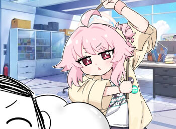 1boy 1girl ahoge ass beleullin bilingual_commentary blue_archive commentary_request doodle_sensei_(blue_archive) drumsticks hair_bun halo highres holding holding_drumsticks indoors jacket jitome korean_commentary logo_print looking_at_another mixed-language_commentary natsu_(band)_(blue_archive) natsu_(blue_archive) official_alternate_costume pink_hair sensei_(blue_archive) shirt single_side_bun triangle_mouth white_shirt wristband yellow_jacket