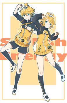 1boy 1girl aqua_eyes bandaid bandaid_on_knee bandaid_on_leg black_jacket black_shorts black_socks blonde_hair brother_and_sister cable commentary_request full_body hair_ornament hairclip headphones highres jacket kagamine_len kagamine_rin kneehighs multicolored_jacket musical_note musical_note_print neckerchief parallel_hairclips penchuan_qi short_hair shorts siblings socks two-tone_jacket vocaloid yellow_jacket yellow_neckerchief