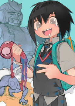 1girl black_hair commentary drooling holding holding_stuffed_toy leopardon marvel mouth_drool open_mouth peni_parker school_uniform short_hair spider-man spider-man:_into_the_spider-verse spider-man_(series) spider-man_(toei) spider-verse stuffed_animal stuffed_toy tears umezawa_michiko