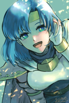 Rule 34 | 1girl, armor, artist name, blue background, blue eyes, cape, headband, open mouth, sasha (tear ring saga), solo, sparkle, sumeragi (black rose), tear ring saga, tear ring saga: yutona eiyuu senki, teeth