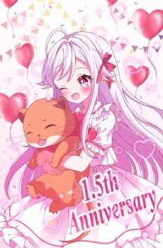 1girl :d ;d absurdres ahoge blush bow confetti dress dugong_(world_dai_star) english_text frilled_dress frills hair_between_eyes hair_ribbon happy_birthday heart highres holding kanaria_chick long_hair looking_at_viewer niizuma_yae one_eye_closed open_mouth pink_dress puffy_short_sleeves puffy_sleeves red_eyes ribbon short_sleeves smile solo striped_background very_long_hair world_dai_star