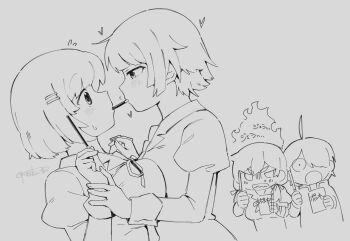 1boy araragi_koyomi bakemonogatari breasts food garakutaya_(grktya0831) greyscale hanekawa_tsubasa highres holding_hands kanbaru_suruga large_breasts monochrome monogatari_(series) multiple_girls pocky school_uniform senjougahara_hitagi short_hair sweatdrop yuri