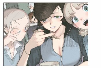 4girls aki_(girls_und_panzer) ari_(girls_und_panzer) chopsticks commentary eyebrow_piercing face_piercing girls_und_panzer katsuoboshi middle_finger mika_(girls_und_panzer) multiple_girls multiple_piercings one_eye_closed open_mouth piercing pompadour v yuri_(girls_und_panzer)