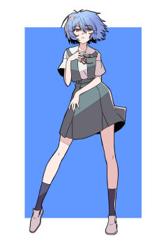 1girl ayanami_rei black_socks blue_border blue_hair border commentary_request dress floating_clothes hand_on_own_thigh hand_up highres legs legs_apart neck_ribbon neon_genesis_evangelion open_mouth outside_border red_eyes red_ribbon ribbon sailor_collar sashimi_(sasihmi) school_uniform shirt shoes short_hair socks solo teeth uwabaki vest white_border white_sailor_collar white_shirt white_shoes