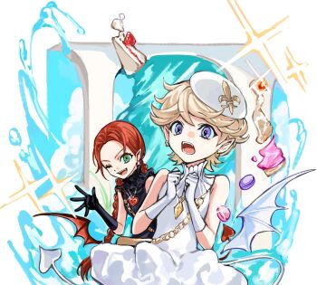 2girls ;d black_dress black_gloves blonde_hair braid braided_twintails cake cake_slice chocolat_meilleure commentary_request dress earrings food glint gloves green_eyes hat heart_pendant highres jewelry macaron multiple_girls one_eye_closed open_mouth orange_hair pointy_ears purple_eyes short_hair sleeveless sleeveless_dress smile strawberry_shortcake sugar_sugar_rune tail tiyi_(tiyi_a09) vanilla_mieux white_gloves white_hair wings