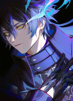 1boy black_gloves blue_hair closed_mouth collared_coat eyelashes flins_(genshin_impact) genshin_impact gloves gradient_hair hair_between_eyes high_collar long_hair male_focus multicolored_hair solo srro_yo upper_body yellow_eyes