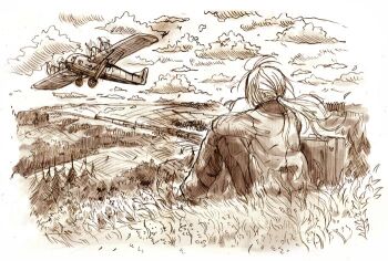1boy aircraft airplane brown_theme cloud edward_elric fullmetal_alchemist kiwakiwa low_ponytail male_focus monochrome ponytail sepia solo