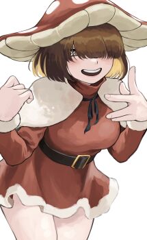 1girl absurdres belt black_belt blush boku_no_hero_academia breasts brown_eyes brown_hair capelet dress fengling_(furin-jp) hair_over_eyes hat highres komori_kinoko long_sleeves looking_at_viewer medium_breasts medium_hair mushroom mushroom_hat open_mouth polka_dot red_dress simple_background smile solo symbol-shaped_pupils white_background white_capelet x-shaped_pupils