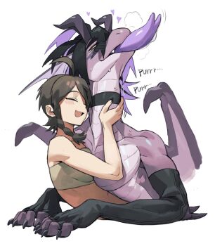 1boy 1girl ^_^ animal_ears animalization black_hair black_horns braid brown_hair closed_eyes colored_tongue commentary dragon dragon_boy dragon_ears dragon_horns dragon_wings english_commentary highres horns juliana_(pokemon) kieran_(pokemon) knifedragon nintendo open_mouth pokemon pokemon_sv purple_tongue short_hair single_braid smile tongue tongue_out wings