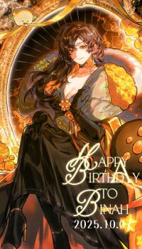 1girl 2025 absurdres big_bird_(project_moon) binah_(project_moon) bird black_dress black_gloves black_hair black_shoes bngb_love bouquet breasts chinese_commentary choker cleavage commentary_request dated dress earrings elbow_gloves feather_boa flower full_body gloves happy_birthday high_heels highres holding holding_bouquet jewelry large_breasts library_of_ruina long_dress long_hair looking_at_viewer mole mole_under_eye parted_bangs project_moon punishing_bird ribbon shoes single_earring sitting smile yellow_flower yellow_ribbon