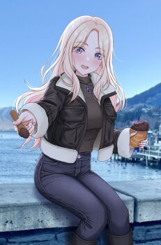 Rule 34 | 1girl, absurdres, artist name, black boots, black jacket, blonde hair, blue eyes, blue pants, blush, boots, brown sweater, chain, chain necklace, commentary request, cropped legs, cup, day, denim, disposable cup, disposable ice cream cup, disposable spoon, food, fur-trimmed jacket, fur-trimmed sleeves, fur trim, gakuen idolmaster, harbor, highres, holding, holding spoon, ice cream, ice cream spoon, idolmaster, incoming food, jacket, jeans, jewelry, juo sena, knee boots, leather, leather jacket, long hair, looking at viewer, mountain, multicolored hair, necklace, open clothes, open jacket, open mouth, outdoors, pants, parted bangs, pendant, photo background, pink nails, pink streaks, sitting, smile, solo, spoon, streaked hair, sulgi park, sweater, teeth, turtleneck, turtleneck sweater, upper teeth only, water, wooden spoon