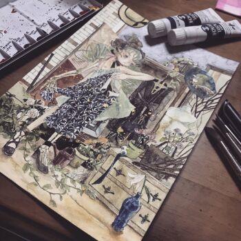 1girl acrylic_paint_(medium) art_supplies barefoot black_shirt blue_eyes blush bow choker closed_mouth commentary_request drawer dress floral_print flower from_side full_body grey_hair hair_bow hair_bun hat highres holding holding_shirt holding_unworn_clothes holding_unworn_skirt indoors jewelry karintoun lace long_hair looking_at_viewer nipples original painting_(medium) painting_(object) pale_skin parted_bangs plant potted_plant ribbon scarf shirt shoes short_hair signature skeleton skirt standing straight-on table traditional_media unworn_shirt unworn_skirt upper_body vase watercolor_(medium) watering_can white_background white_flower wooden_floor