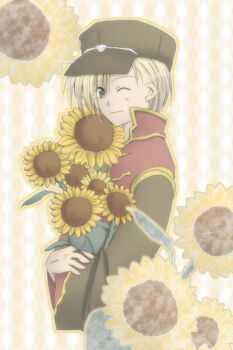 Rule 34 | 1boy, argyle background, blonde hair, brown coat, brown hat, closed mouth, coat, commentary request, dated commentary, flower, gold trim, green eyes, hat, holding, holding flower, long sleeves, looking at viewer, male focus, multicolored coat, newsboy cap, one eye closed, priest (ragnarok online), ragnarok online, red coat, sharari, short hair, smile, solo, sunflower, two-tone coat, upper body, yellow background, yellow flower