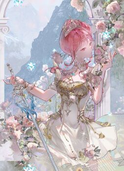 Rule 34 | 1girl, absurdres, armor, bare shoulders, blue sky, breastplate, brown eyes, chinese commentary, coattails, collar, commentary request, cowboy shot, day, detached collar, dress, earrings, expressionless, eyelashes, feather-trimmed dress, flower, hair bun, half-closed eyes, hexagram, highres, holding, holding sword, holding weapon, infinity nikki, jewelry, lace collar, light particles, looking at food, melody bloom (infinity nikki), mountain, nikki (nikki), nikki (series), off-shoulder dress, off shoulder, outdoors, parted lips, pillar, pink flower, pink hair, pink rose, pleated dress, pointy nose, rapier, rose, shechuguaguabagaban, short dress, short hair with long locks, short sleeves, sidelocks, single side bun, sky, solo, sparkle, standing, sword, tiara, updo, weapon, white collar, white dress