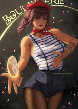 Rule 34 | 1girl, bare shoulders, beret, black shorts, breasts, brown eyes, brown hair, clair obscur: expedition 33, commentary, cowboy shot, english commentary, fishnet pantyhose, fishnets, french clothes, hat, highres, long hair, looking at viewer, medium breasts, neckerchief, pantyhose, patreon username, ponytail, red hat, red lips, red neckerchief, scar, scar on face, scar on nose, sciel (clair obscur: expedition 33), shorts, sidelocks, signature, solo, striped tank top, suspenders, tank top, wei (promise 0820)