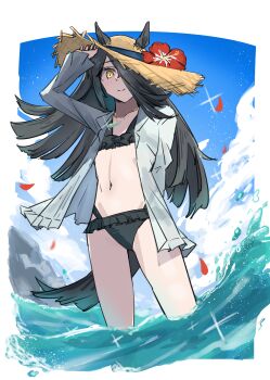 1girl absurdres adjusting_clothes adjusting_headwear animal_ears arm_up bikini black_bikini blue_sky cloud commentary ears_through_headwear falling_petals flat_chest floating_hair flower hair_over_one_eye hat hat_flower head_tilt hibiscus high-waist_bikini highres horse_ears horse_girl horse_tail jewelry light_blush long_bangs looking_at_viewer manhattan_cafe_(umamusume) microsoft_paint_(medium) mitsune_(3chune) navel necklace ocean outdoors petals red_flower sky solo standing stomach sun_hat swimsuit tail umamusume wading waving yellow_eyes