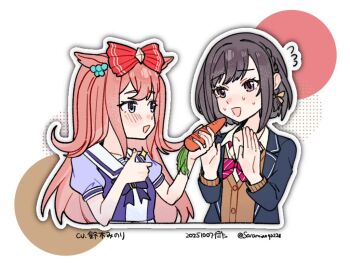 2girls agnes_digital_(umamusume) animal_ears blazer blue_eyes blue_jacket bow breasts brown_eyes brown_hair brown_vest carrot collared_shirt eye_contact holding holding_carrot horse_ears horse_girl jacket kamiyama_high_school_uniform_(project_sekai) long_hair looking_at_another multiple_girls open_mouth pink_hair project_sekai puffy_short_sleeves puffy_sleeves purple_bow red_bow rejection saramiao-chan school_uniform shinonome_ena shirt short_hair short_sleeves skirt suzuki_minori sweat thumbs_up tracen_school_uniform twitter_username two_side_up umamusume upper_body vest voice_actor_connection white_shirt