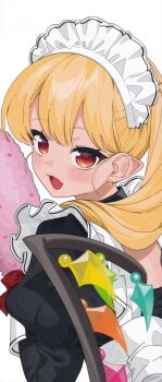 1girl :d absurdres alternate_costume black_dress blonde_hair dress duster enmaided fang flandre_scarlet gotoh_(nekocat) hair_over_shoulder highres holding holding_duster juliet_sleeves long_hair long_sleeves looking_at_viewer looking_back maid maid_headdress open_mouth pointy_ears puffy_sleeves red_eyes scan simple_background skin_fang smile solo third-party_source touhou upper_body white_background wings