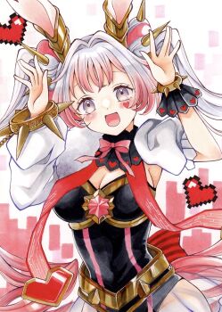 Rule 34 | 1girl, animal ears, asymmetrical clothes, black leotard, blush, bow, breasts, cleavage, commentary request, double bun, duel monster, gradient hair, hair bun, hands up, heart, highres, leotard, long hair, long sleeves, looking at viewer, maliss <p> white rabbit, medium breasts, multicolored hair, open mouth, pink bow, pink eyes, pink hair, puffy short sleeves, puffy sleeves, rabbit ears, rabbit girl, short sleeves, smile, solo, spiked wristband, twintails, ukyou kuro, very long hair, yu-gi-oh!