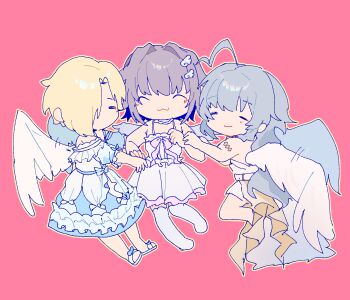3girls absurdres ahoge angel angel_wings armlet bare_shoulders barefoot blonde_hair blue_dress blue_sandals blush braid choker closed_eyes commentary dress feathered_wings feathers frilled_dress frills grey_hair hair_between_eyes hair_flaps hair_intakes hair_ornament hair_over_one_eye highres hoshi_syoko huge_ahoge idolmaster idolmaster_cinderella_girls idolmaster_cinderella_girls_starlight_stage jewelry kawaii_boku_to_142's_(idolmaster) kominami_abc koshimizu_sachiko long_hair long_sidelocks medium_hair mini_wings multiple_girls official_alternate_costume one_eye_covered pink_background pink_dress pink_ribbon purple_hair ribbon sandals shirasaka_koume side_braid sidelocks simple_background single_braid smile spaghetti_strap symbol-only_commentary thighhighs white_dress white_thighhighs white_wings wing_hair_ornament wing_ornament wings