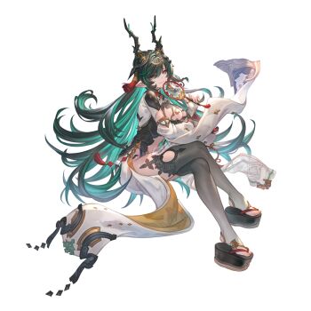 1girl black_hair black_thighhighs breast_cutout breasts cleavage clothing_cutout colored_inner_hair crossed_legs detached_sleeves dragon_girl dragon_horns draph full_body granblue_fantasy green_hair hair_ornament horn_ornament horns large_breasts long_hair minaba_hideo mole mole_under_mouth multicolored_eyes multicolored_hair official_art okobo payila_(granblue_fantasy) platform_clogs platform_sandals pointy_ears red_eyes sandals smile solo stomach_cutout tassel tassel_hair_ornament thighhighs toeless_legwear transparent_background two-tone_eyes very_long_hair