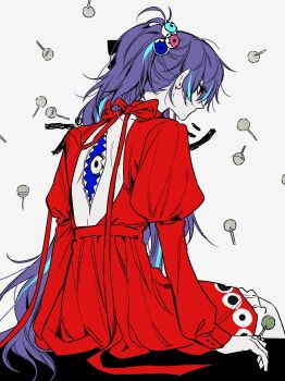 1boy asymmetrical_hair back_cutout backless_dress backless_outfit black_eyes black_ribbon blue_hair bow candy clothing_cutout commentary_request crossdressing crossdressing_(mtf) dress extra_mouth eye_print eyeball_hair_ornament eyelashes facing_away falling_food food frilled_dress frills from_behind hair_between_eyes hair_over_shoulder hair_ribbon highres holding holding_candy holding_food holding_lollipop hoshirube_sho juliet_sleeves lollipop long_hair long_sleeves male_focus multicolored_hair mummeo_p nijisanji psi_(vocaloid) puffy_sleeves purple_hair red_bow red_dress red_pupils ribbon sharp_teeth simple_background sitting solo streaked_hair teeth very_long_hair virtual_youtuber white_background