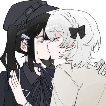 2girls black_hair black_hat choker closed_mouth hashtag-only_commentary hat highres incest kiss kurobe_nanoka kurobe_nanoka's_sister long_hair long_sleeves mahou_shoujo_no_majo_saiban multiple_girls siblings sisters twincest twins twintails white_background yuri