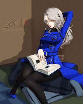 1girl alternate_hairstyle arm_behind_head belt belt_buckle black_pantyhose blue_belt blue_dress blue_shoes book buckle closed_mouth commentary dress eightyfourart fingernails grey_hair highres indoors lips lipstick long_hair long_sleeves looking_at_viewer makeup margaret_(persona) open_book pantyhose patreon_logo patreon_username persona persona_4 pink_nails red_lips shadow shoes sitting smile solo wavy_hair yellow_eyes