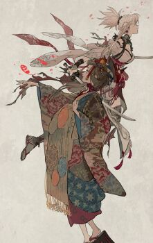 2girls absurdres asymmetrical_hair bangs_pinned_back command_spell dragon_print dual_wielding fate/samurai_remnant fate_(series) floral_print hair_ornament hair_stick haori highres holding japanese_clothes jewelry katana kimono layered_clothes layered_kimono leaf long_sleeves magatama magatama_necklace maple_leaf mimulishizi miyamoto_musashi_(fate) miyamoto_musashi_(woman_of_niten_ichiryuu)_(fate) multiple_girls necklace obi okobo platform_clogs platform_sandals print_kimono sandals sash single_sidelock sword takao_dayu_(fate) tassel weapon white_kimono zouri