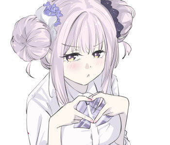 1girl blue_archive bow bowtie breasts cherry_pop_(vocaloid) collared_shirt commentary_request double_bun dress_shirt flower four-finger_heart_hands hair_bun hair_flower hair_ornament hair_ribbon hair_scrunchie heart heart_hands hoffun large_breasts mika_(blue_archive) parody pink_hair portrait purple_bow purple_bowtie purple_flower purple_scrunchie ribbon scrunchie shirt sidelocks simple_background solo v-shaped_eyebrows white_background white_ribbon white_shirt yellow_eyes