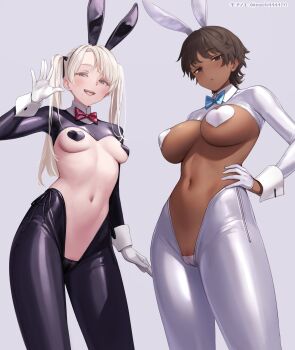 2girls animal_ears black_ribbon blonde_hair blue_bow blue_bowtie blue_eyes blush bow bowtie breasts brown_eyes brown_hair closed_mouth commentary_request covered_erect_nipples dark-skinned_female dark_skin fake_animal_ears gloves grey_background hair_ribbon hand_on_own_hip heart_pasties highres large_breasts long_hair looking_at_viewer medium_breasts mochi_(mochi444420) mole mole_under_mouth multiple_girls navel open_mouth original pantyhose pasties playboy_bunny rabbit_ears red_bow red_bowtie reverse_bunnysuit reverse_outfit ribbon short_hair simple_background stomach twitter_username white_gloves wrist_cuffs zipper