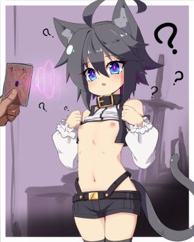 Rule 34 | 1girl, 1up (solid2), ?, @ @, animal ears, bare shoulders, belt, black collar, black hair, black shorts, black thighhighs, blue eyes, breasts, card, cat ears, cat girl, cat tail, clothes lift, collar, commentary request, confused, detached sleeves, highres, huge weapon, hypnosis, long sleeves, magic, mind control, nanashi (1up (solid2)), navel, original, parted lips, short hair, short shorts, shorts, sketch background, small breasts, spell card, stomach, sword, tail, thighhighs, weapon