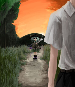 1boy 1girl black_boots black_eyes black_hat black_pants boots bow closed_mouth dot_mouth eyeball fedora floral_print forest green_hair green_skirt grey_bow hat hat_bow heart heart_of_string heripantomorrow holding holding_weapon imminent_murder komeiji_koishi long_sleeves looking_at_viewer medium_hair mountainous_horizon nata_(tool) nature orange_sky outdoors pants road shirt skirt sky solo_focus third_eye touhou tree weapon white_shirt wide_sleeves