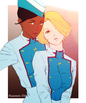 2girls blonde_hair blue_hat blue_jacket breasts brown_eyes character_request closed_mouth commentary_request dark-skinned_female dark_skin eyebrows_hidden_by_hair flight_attendant gloves gundam gundam_hathaway's_flash hair_over_one_eye hat highres jacket kaburagi_yuki lips looking_at_viewer mace_flower mole mole_under_mouth multiple_girls one_eye_covered open_mouth pantyhose parted_lips short_hair smile travel_attendant upper_body yellow_eyes