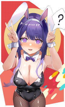 1girl ? @_@ absurdres alternate_costume animal_ears armpits awkward black_pantyhose blunt_bangs blush bow bowtie breasts cleavage collarbone commentary confused detached_collar embarrassed fake_animal_ears formal_clothes genshin_impact hands_up hanging_breasts head_tilt highres huge_breasts leaning_forward leaning_to_the_side long_hair looking_at_viewer nervous_smile nervous_sweating no_mole nohohon_neko nose_blush open_mouth pantyhose playboy_bunny purple_eyes purple_hair rabbit_ears raiden_shogun smile solo spoken_question_mark standing suit sweat upper_body v wrist_cuffs