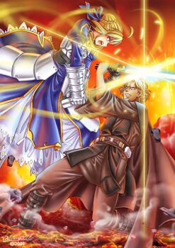 00s 1boy 1girl 2009 absurdres ahoge anakin_skywalker armor artist_name artoria_pendragon_(fate) black_gloves blonde_hair blue_dress caliburn_(fate) cape clash crossover dress energy_sword epic fate/stay_night fate_(series) gauntlets gloves hair_ribbon highres light lightsaber lucasfilm open_mouth ribbon saber_(fate) scar scar_across_eye scar_on_face signature single_glove songwut_ouppakarndee star_wars star_wars:_revenge_of_the_sith sword weapon