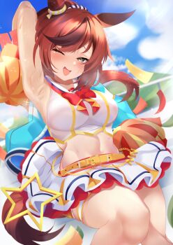 1girl absurdres akiba_monaka animal_ears armpit_focus armpits belt breasts brown_hair cheerleader commentary_request highres horse_ears horse_girl horse_tail large_breasts long_hair multicolored_hair navel nice_nature_(run_&amp;_win)_(umamusume) nice_nature_(umamusume) one_eye_closed open_mouth pom_pom_(cheerleading) presenting_own_armpit solo streaked_hair sweat tail thick_thighs thighs umamusume